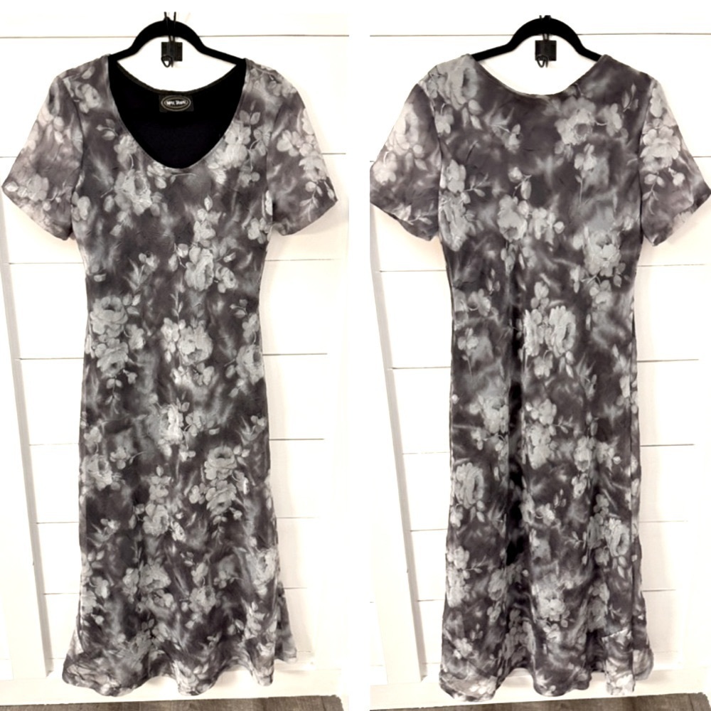 Y2K VINTAGE 14 Floral retro grey polyester midi dress fairy grunge dark romantic